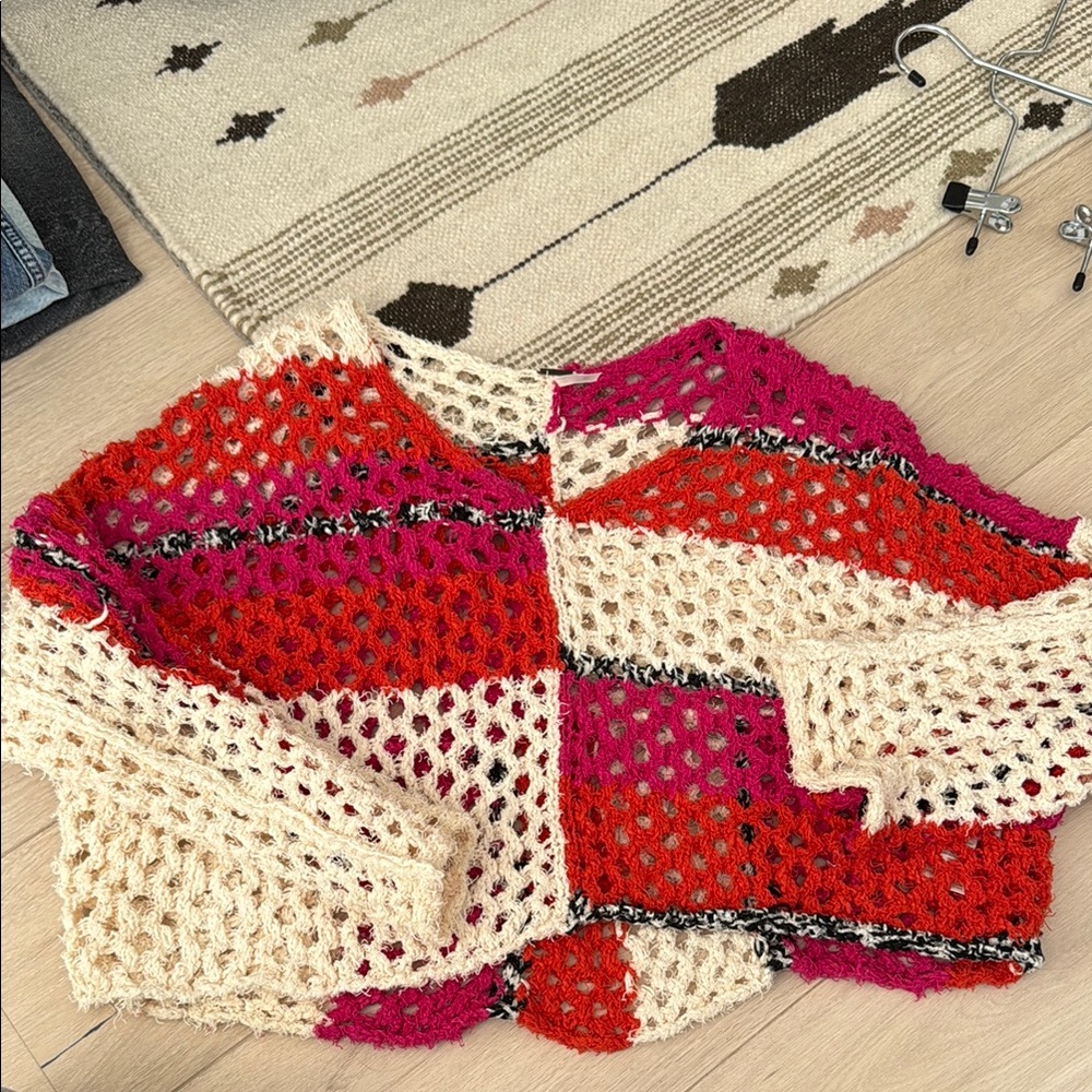 Free People V-Neck Crochet Sweater in Cream, Red, and Pink
